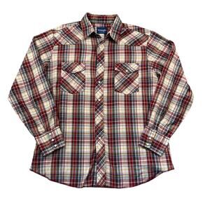 Vintage Wrangler Western Button Down Shirt Plaid Pearl Snap Men's Large Red